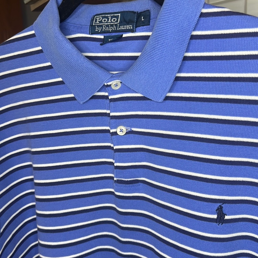 Polo Ralph Lauren Men's Sz L Shirt Blue Striped Pony  Short Sleeve Polo